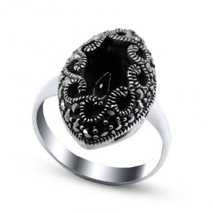 Серебряное кольцо<br> 210546-39, оникс, марказит