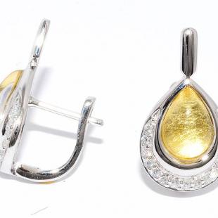 Серебряные серьги<br> 22E2195LCGS-133, сусальное золото, смола ювелирная, куб.цирконий