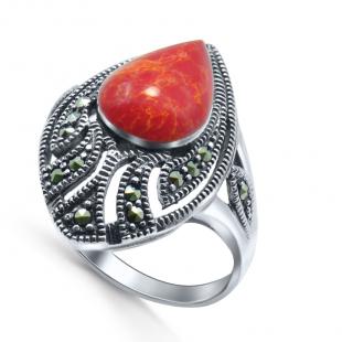 Серебряное кольцо, 210960-39, коралл пр., марказит