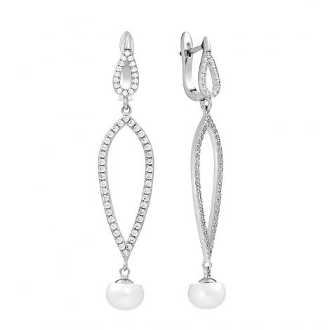 Серьги, вставка: жемчуг (культ.), куб.цирконий, арт.:0220913538a, SilverWings, рис. 1