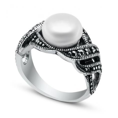 Серебряное кольцо, вставка: жемчуг (культ.), марказит, арт.:210012a-39, SilverWings, рис. 1