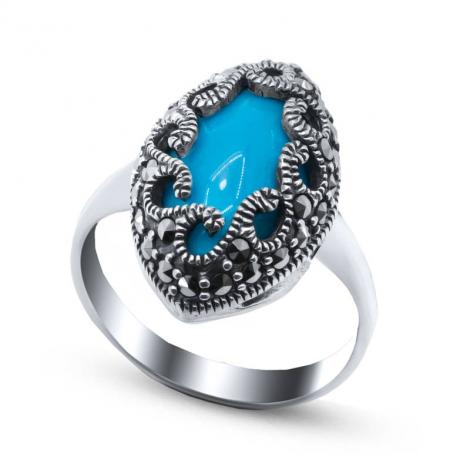 Серебряное кольцо, вставка: бирюза пр., марказит, арт.:210546-39, SilverWings, рис. 1