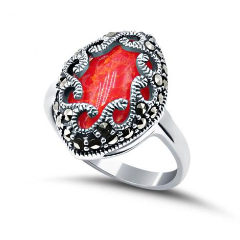 Серебряное кольцо, вставка: коралл пр., марказит, арт.:210546-39, SilverWings, рис. 1
