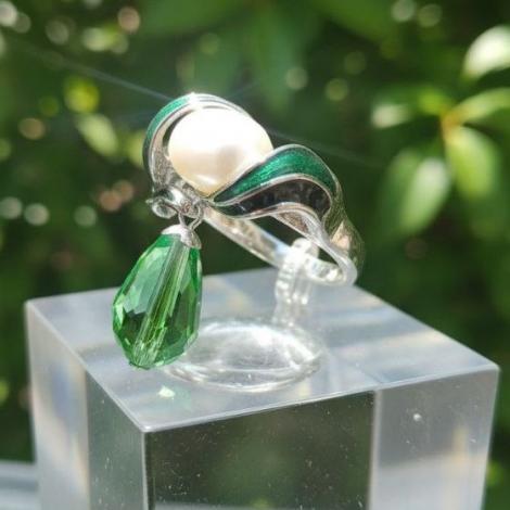 Кольцо, вставка: куб.цирконий, жемчуг (культ.), эмаль, арт.:21238925687e, SilverWings, рис. 2