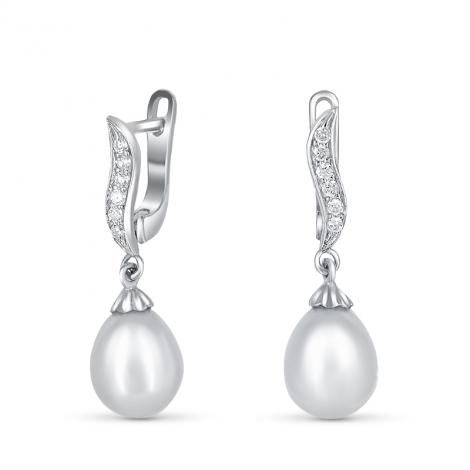 Серьги, вставка: жемчуг (культ.), куб.цирконий, арт.:22qsibb00624a-19, SilverWings, рис. 1